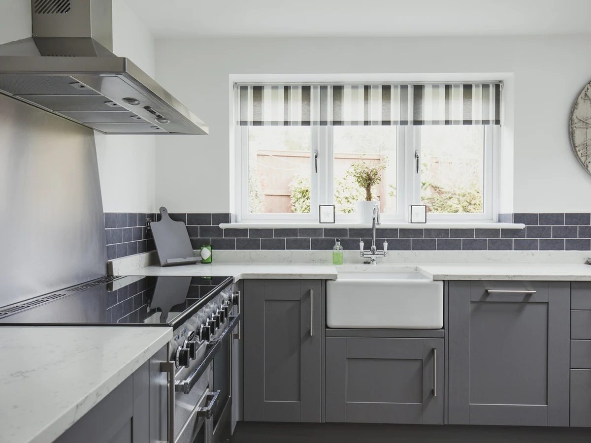 Contemporary grey shaker kitchen cabinet painting in Darlington by Darlington Decorators