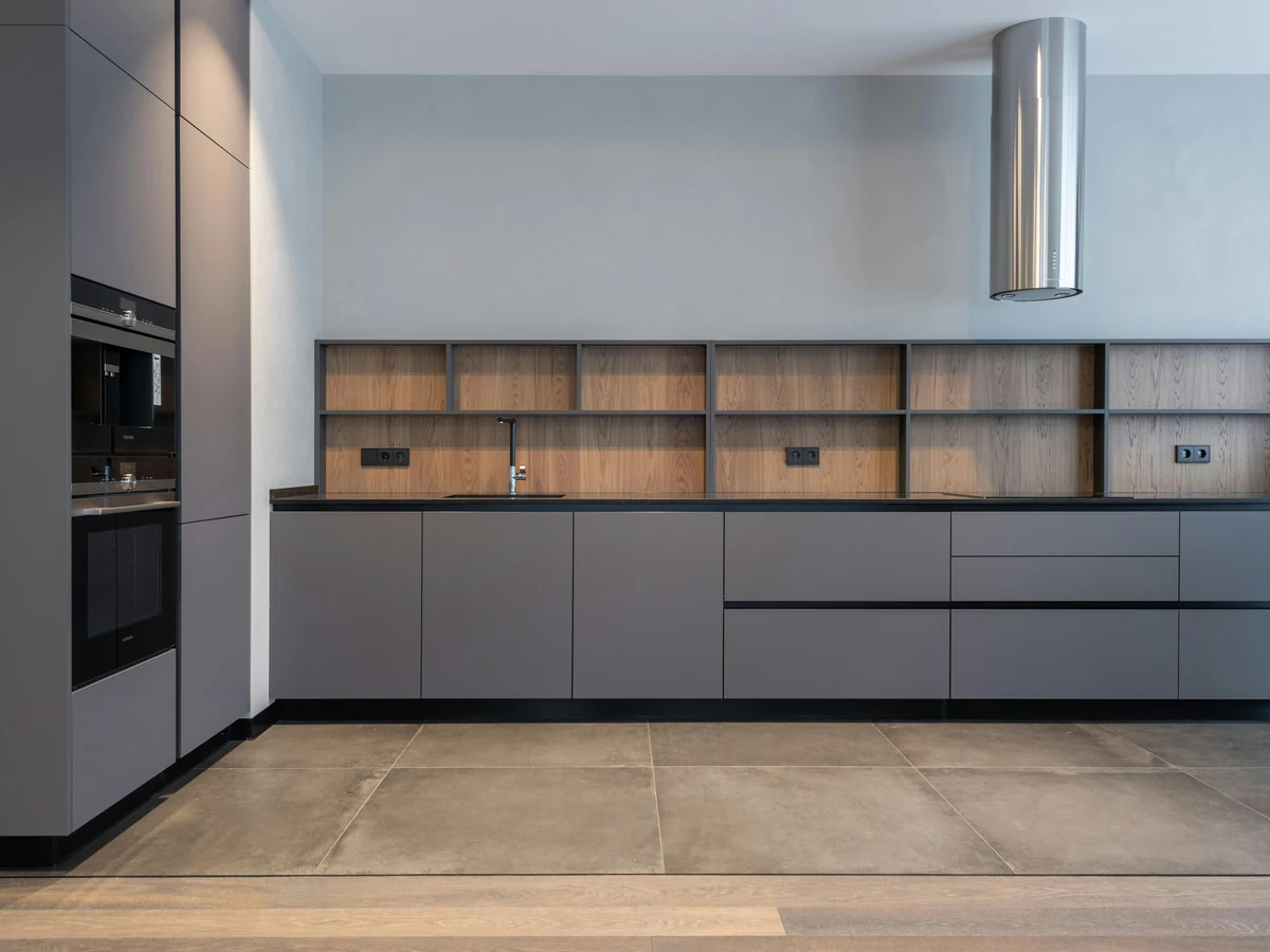 Grey modern kitchen cabinet painting in Darlington, professional respray result