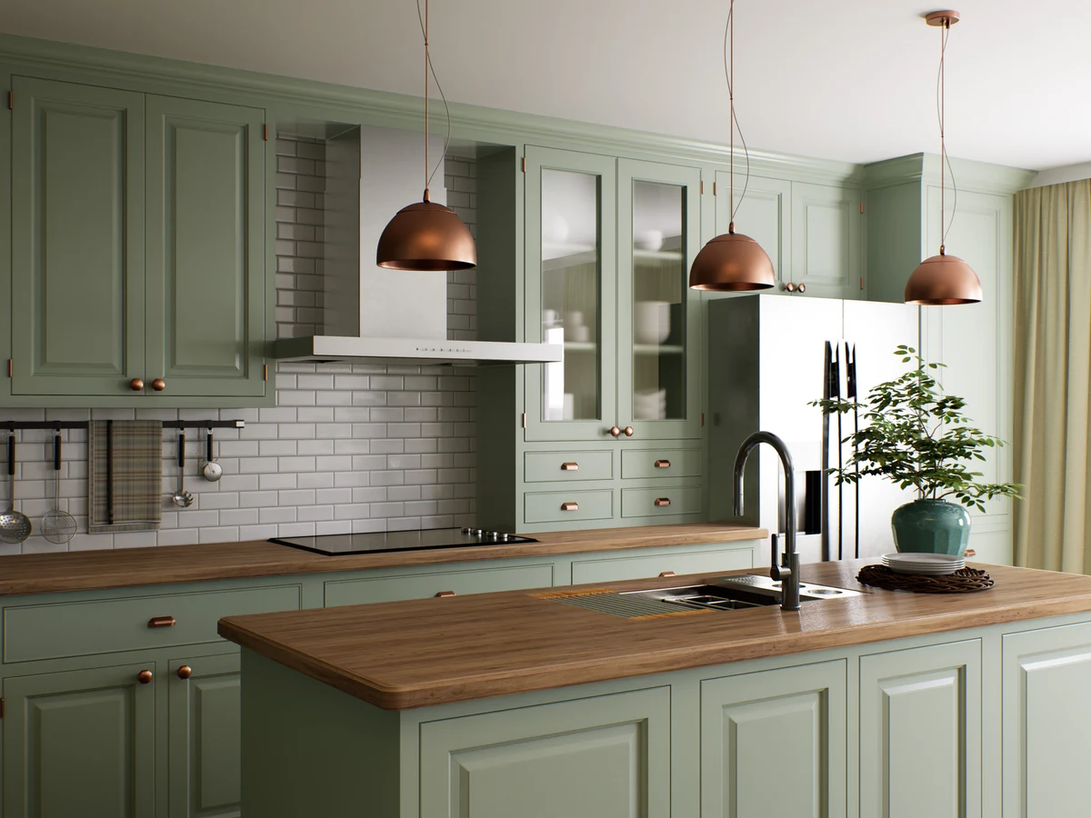 Sage green shaker kitchen cabinet painting in Darlington, professional spray finish