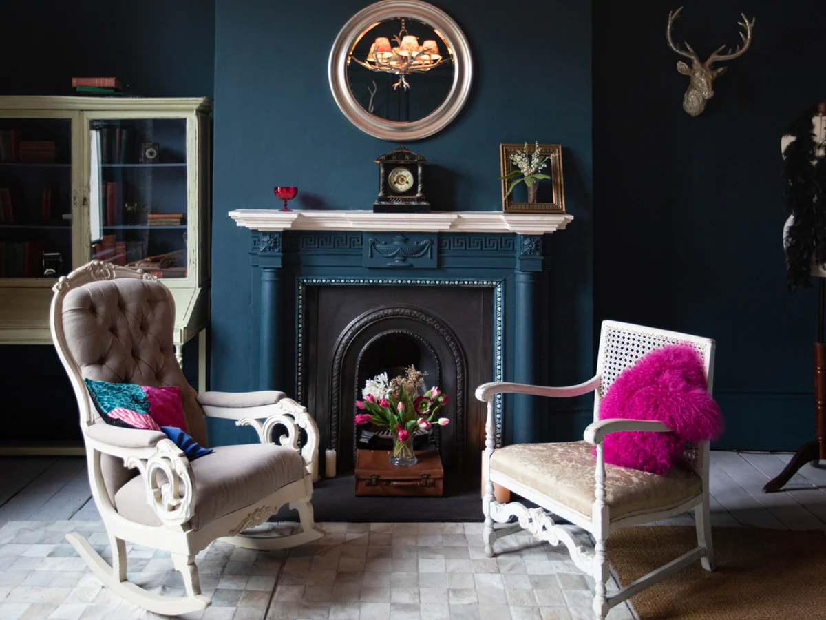 Bold colour feature wall in dramatic dark teal, living room painting by Darlington Decorators