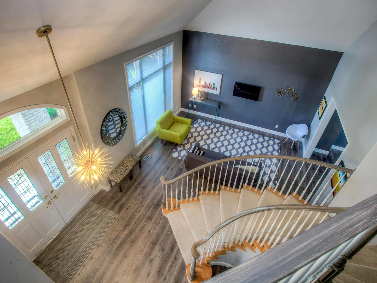 Staircase painting aerial view in Darlington by Darlington Decorators, professional staircase painters