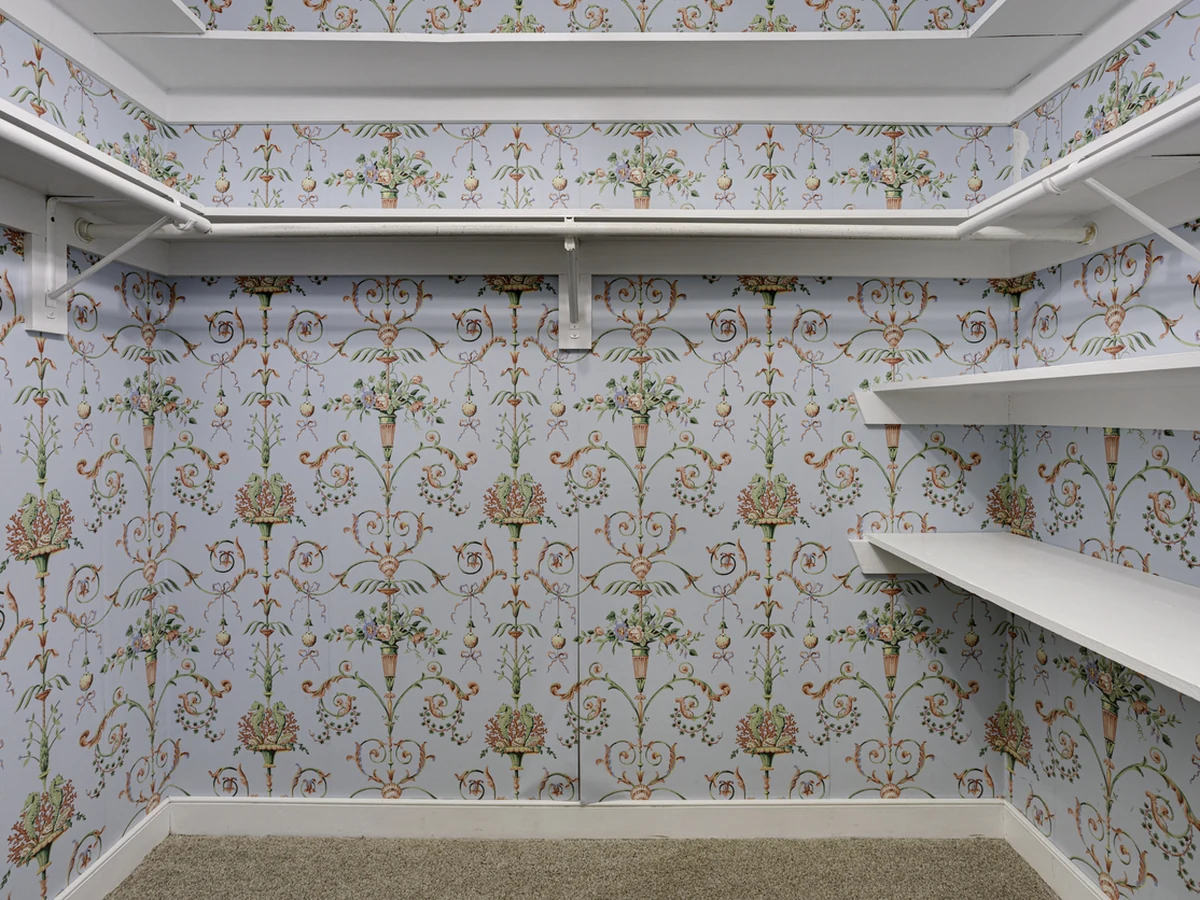 wallpapering-closet-interior-fully-darlington-decorators Wallpaper installation in Darlington by Darlington Decorators, fully papered closet interior with neat seams